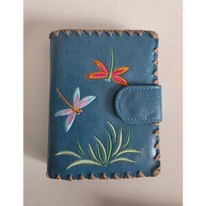 Lavishy Vegan Leather Wallet Blue Embroidered Dragonflies Bifold Snap